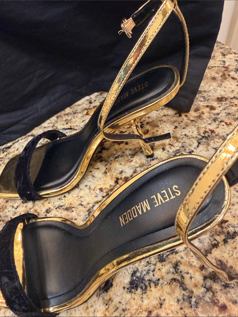 Steve Madden Black and Gold Strappy Stiletto Sandals - Picture 2 of 6